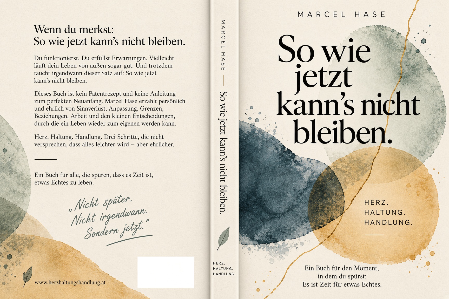 Neues Buchcover: So wie jetzt kann’s nicht bleiben von Marcel Hase, mit Aquarellkreisen in Salbei, Petrol und Gold